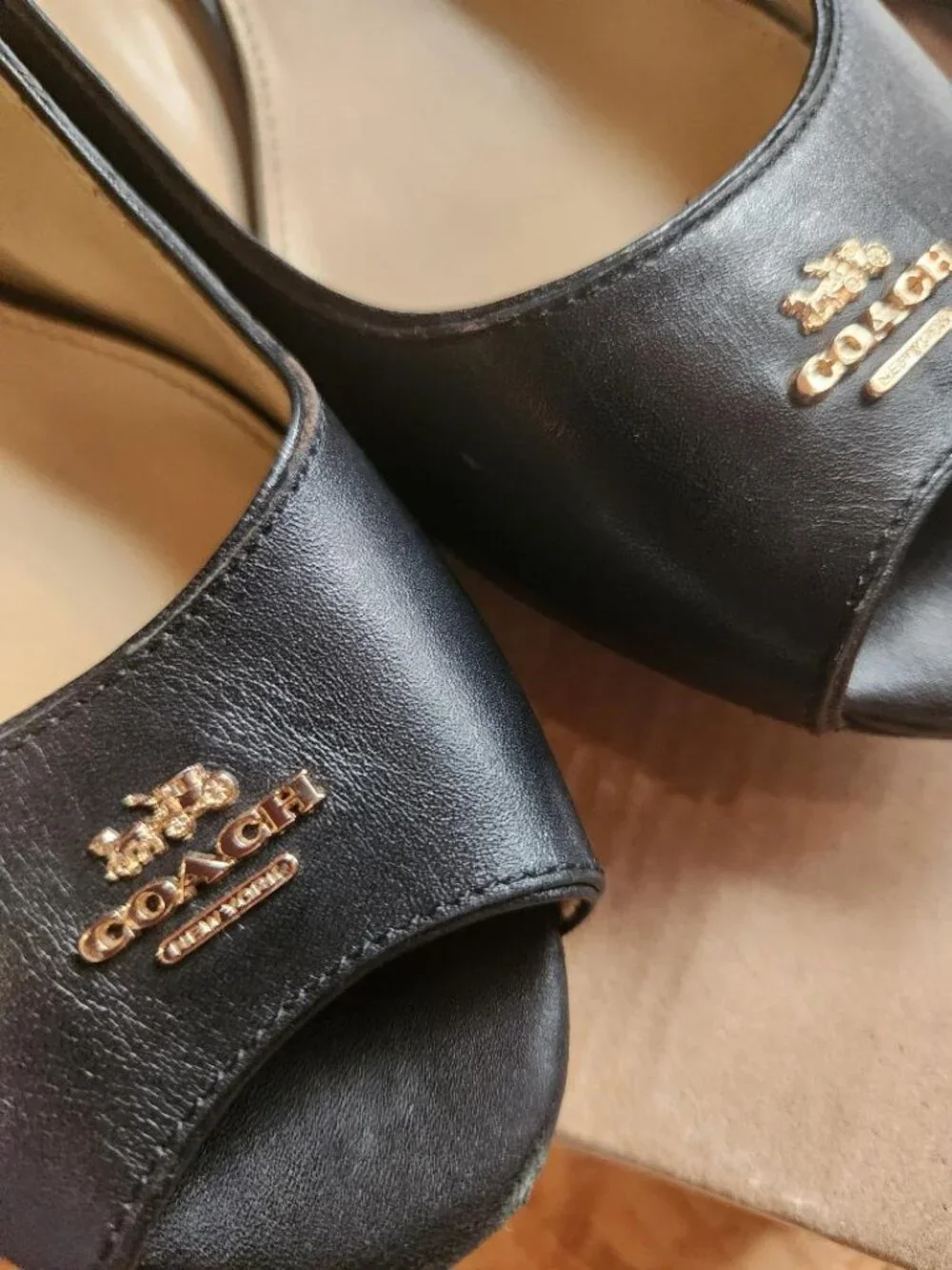 Womens Coach Black Leather Peep Toe Wedge Heels with Gold Badge Sz 9B MSRP $298
